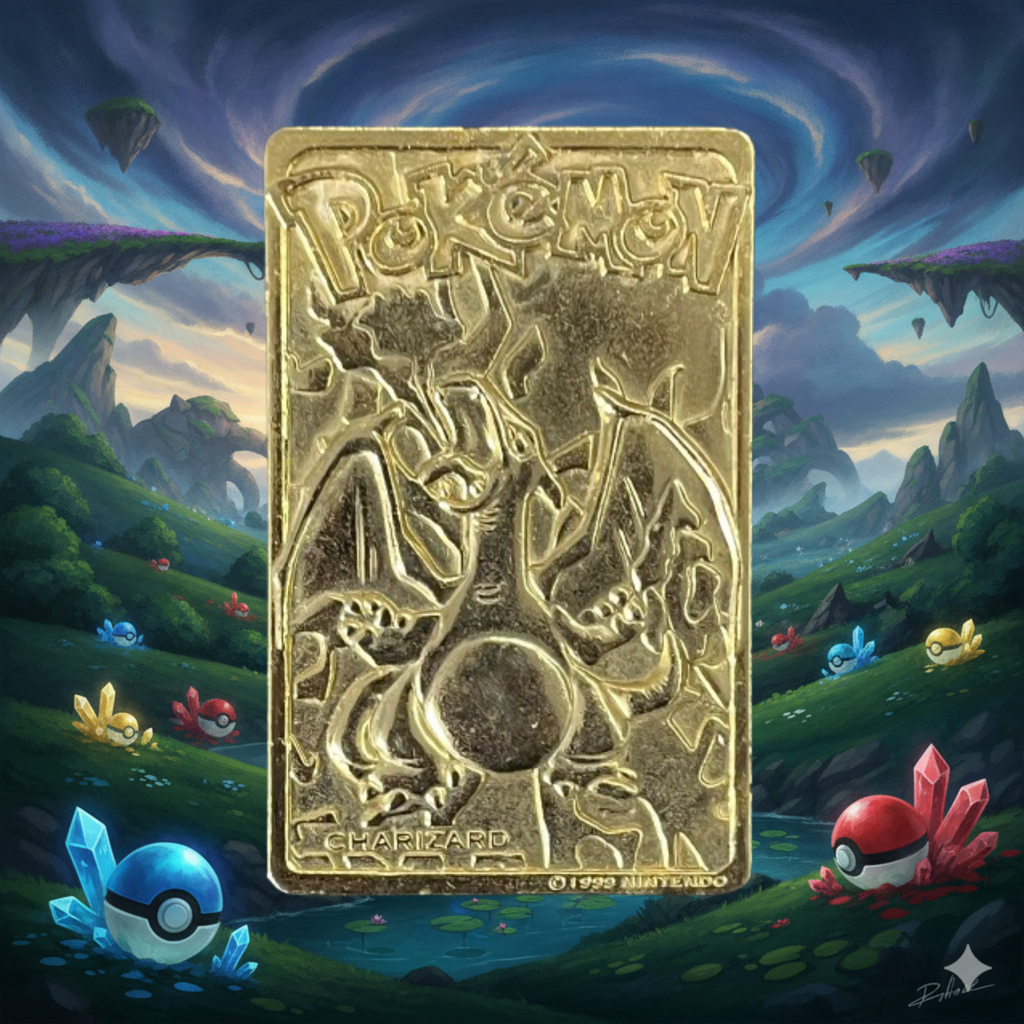 Pokemon Charizard Gold Metal Collectible Card 1999 Nintendo Fan Art Display