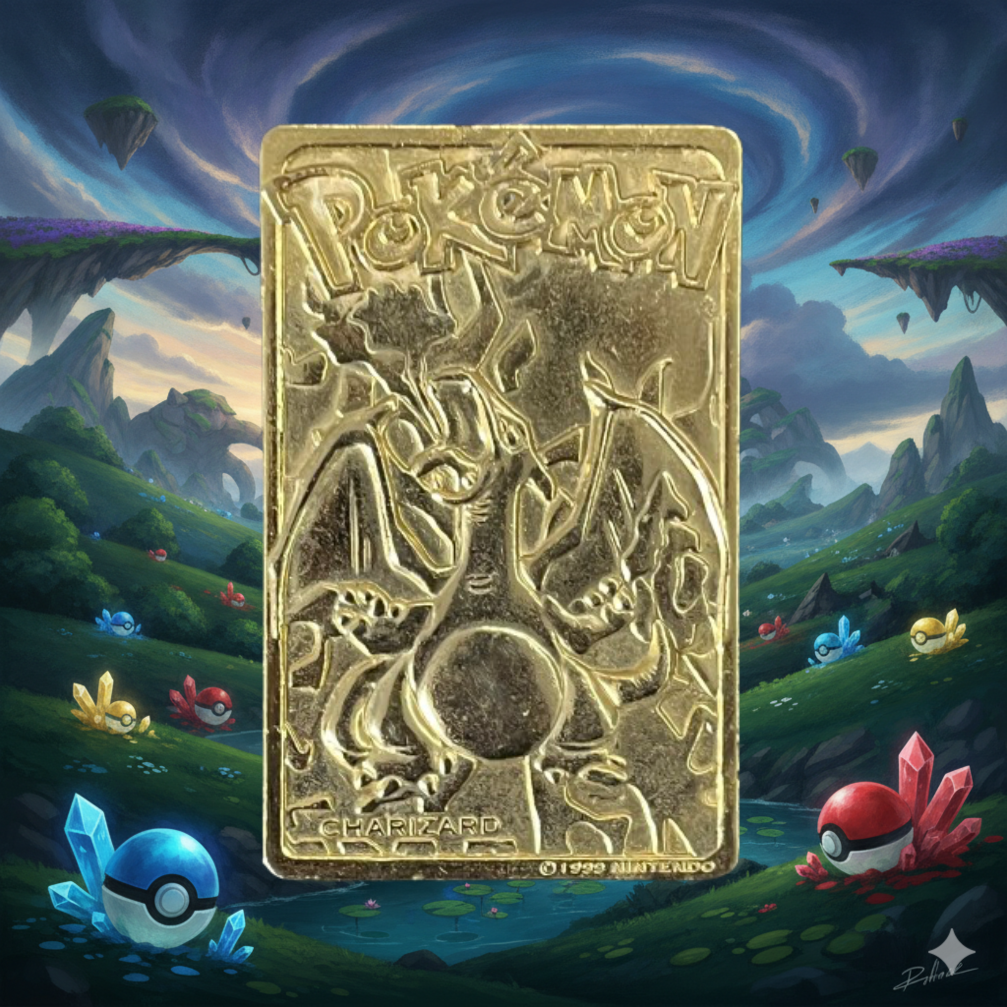 Pokemon Charizard Gold Metal Collectible Card 1999 Nintendo Fan Art Display