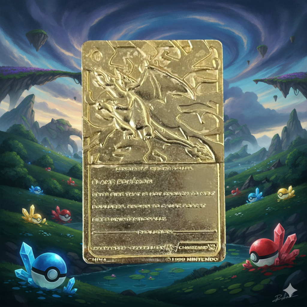 Pokemon Charizard Gold Metal Collectible Card 1999 Nintendo Fan Art Display