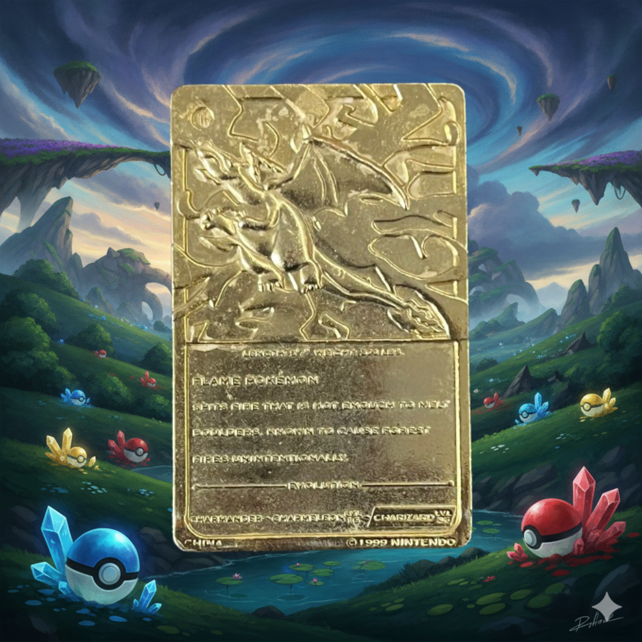 Pokemon Charizard Gold Metal Collectible Card 1999 Nintendo Fan Art Display