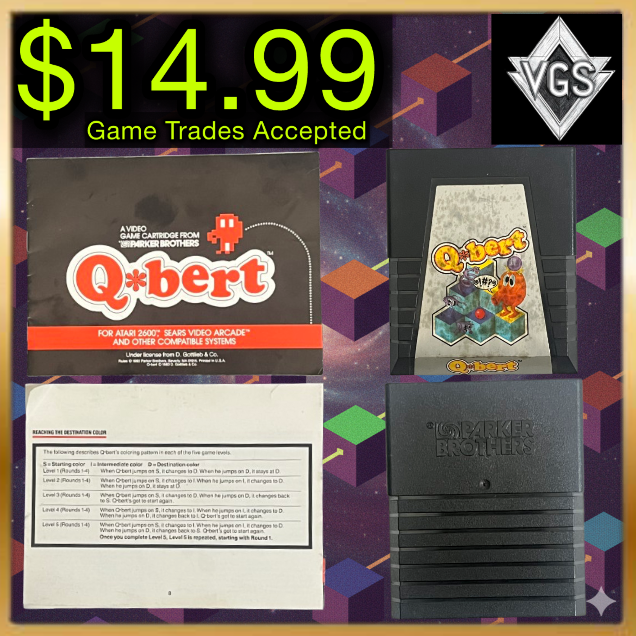 Q*bert Atari 2600 Cartridge Vintage Parker Brothers 1983 Video Game
