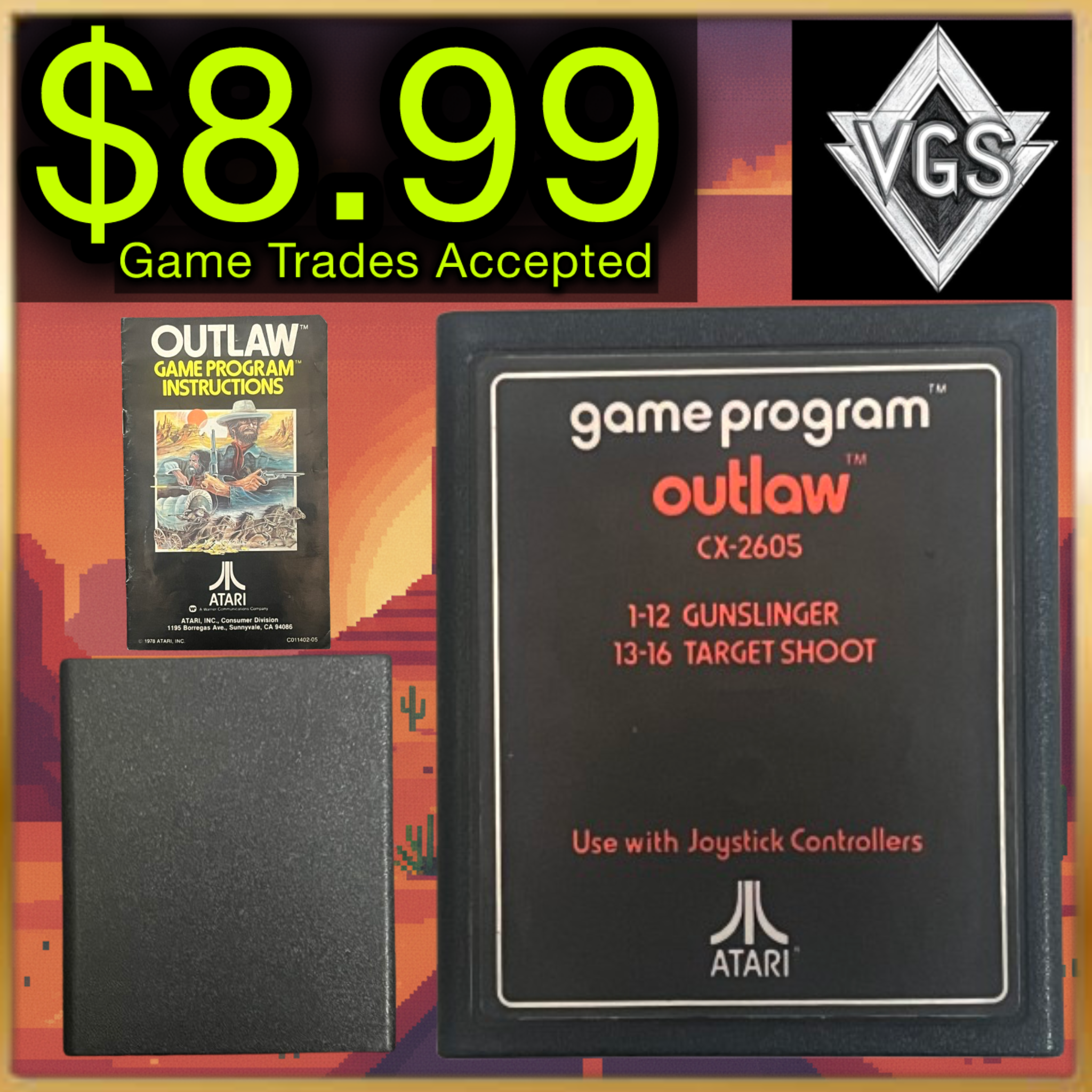 Atari Outlaw CX2605 Atari 2600 Game Cartridge 1978 Loose Tested